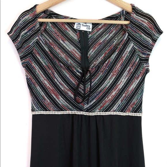 🍓VINTAGE 70s Disco Silver Black Glam Maxi Dress - Picture 2 of 8